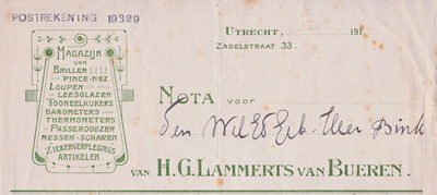 711615 Kop van een nota van H.G. Lammerts van Bueren, Magazijn van Brillen, Pince-Nez, Messen-Scharen, Barometers, ...